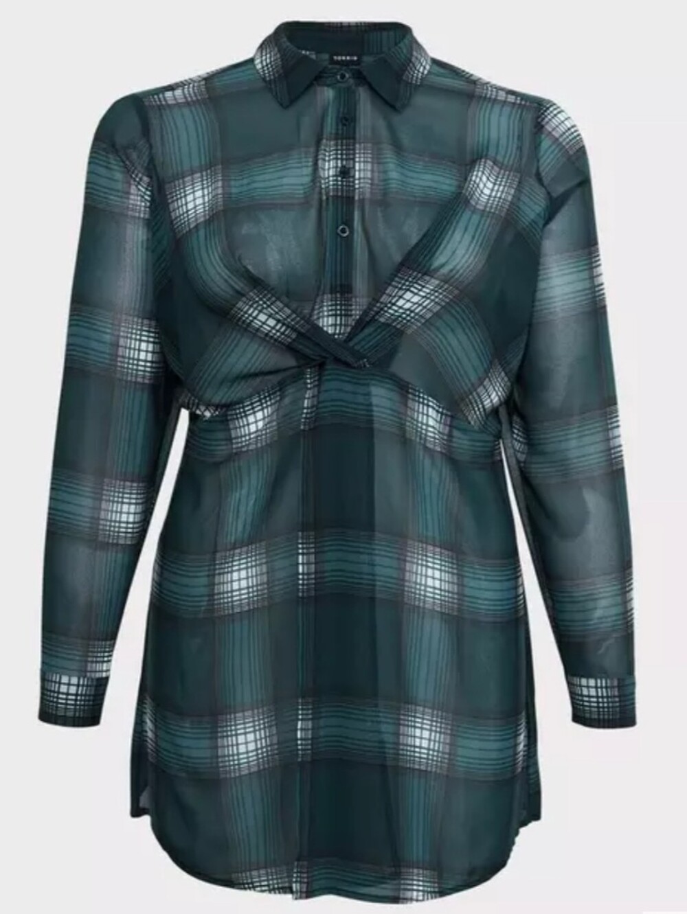 Green Plaid Twist-Front Sheer Blouse